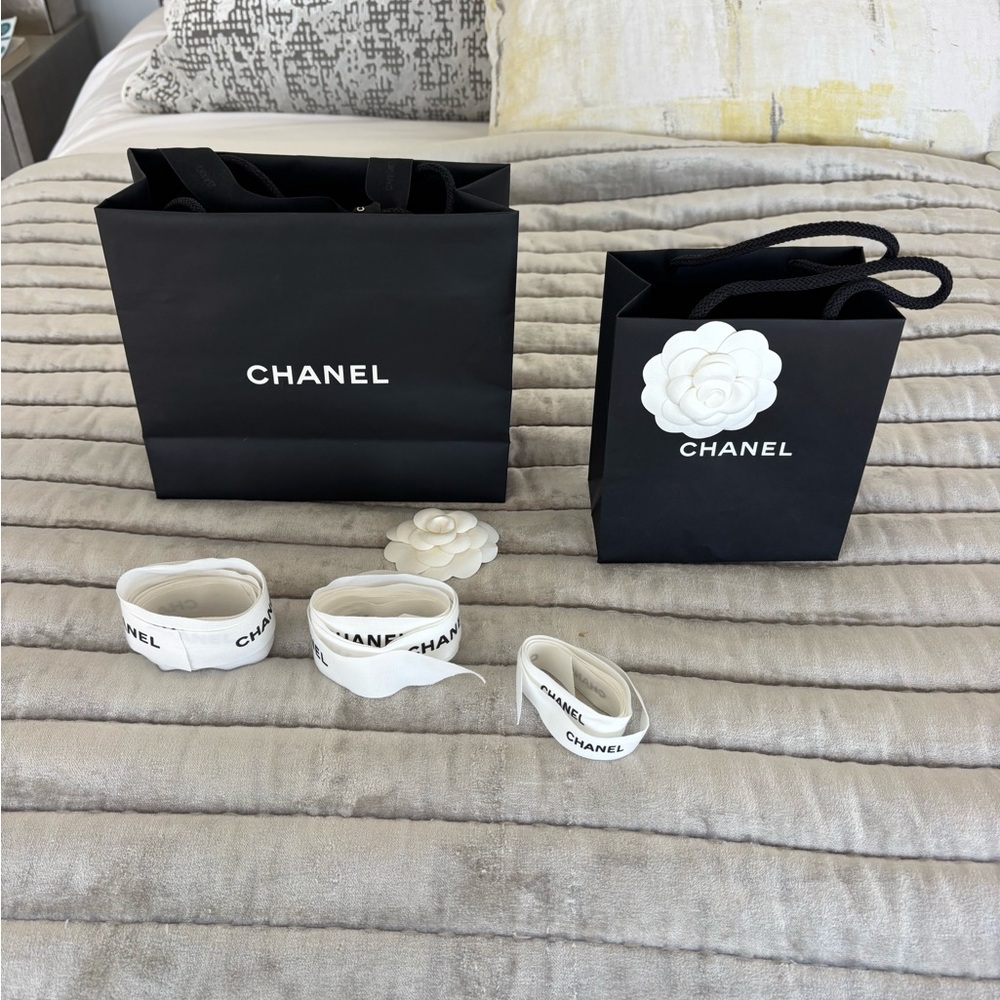 CHANEL Black and White Branded Gift Bags with Camellia & Ribbons